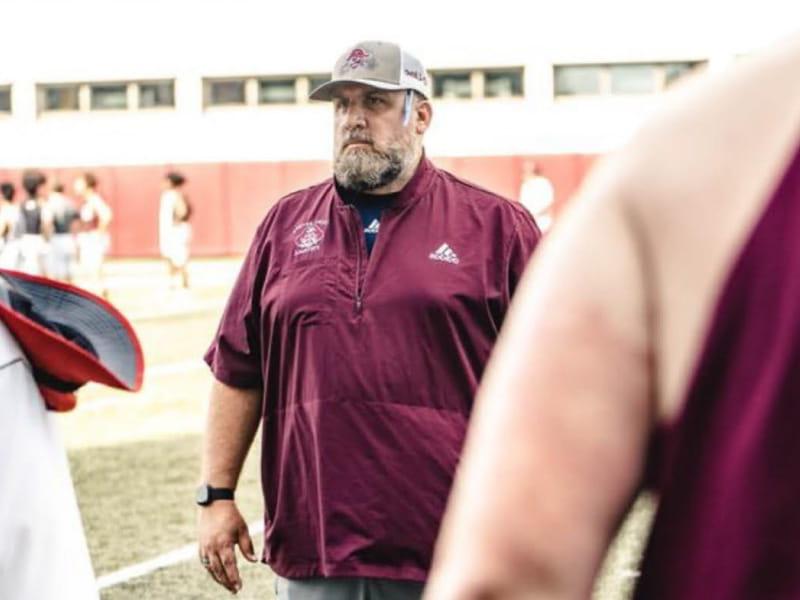 Heart defect survivor David Pinto coaching the offensive line at Saint Peter's Prep in Jersey City, N.J. in 2021. (Photo courtesy of Lokesh Sutherland)